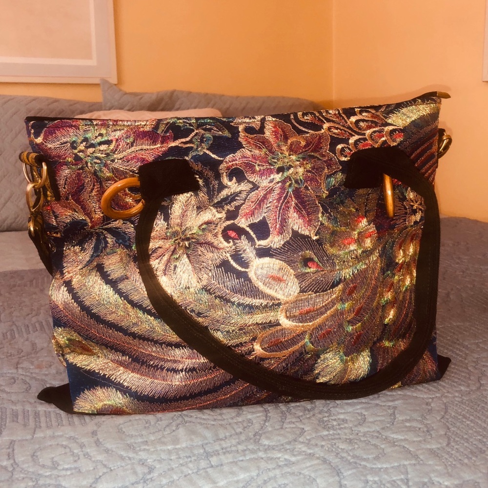 New! Embroidered Blue Gold Multi-color Tote Bag